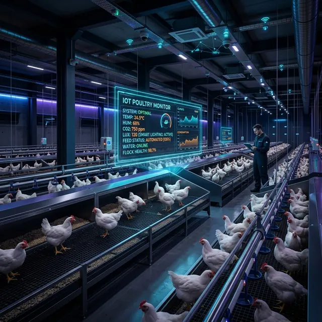 Night view of a monitored poultry farm