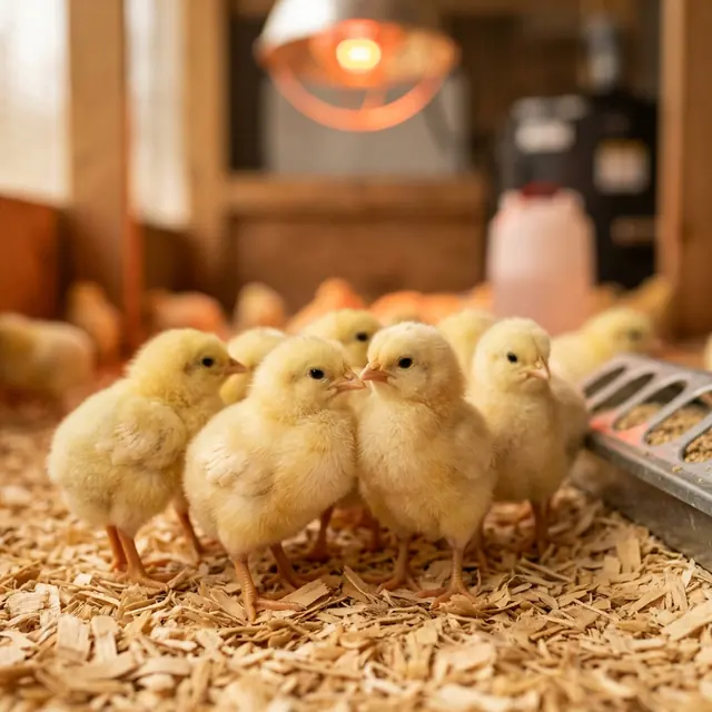 Young broiler chicks in a poultry house
